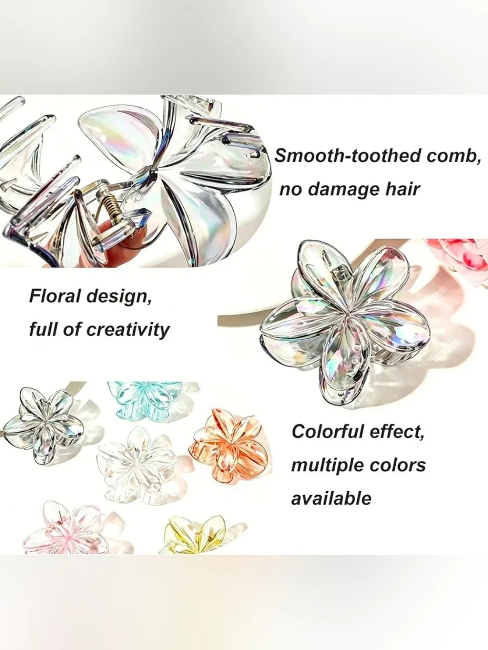 💄 8 pc Iridescent Acrylic Flower Hair Claw Clips- Multicolor